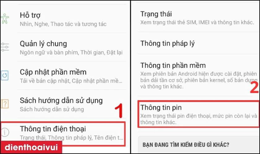 Mở C&agrave;i đặt, chọn mục Th&ocirc;ng tin điện thoại v&agrave; nhấn v&agrave;o Th&ocirc;ng tin pin