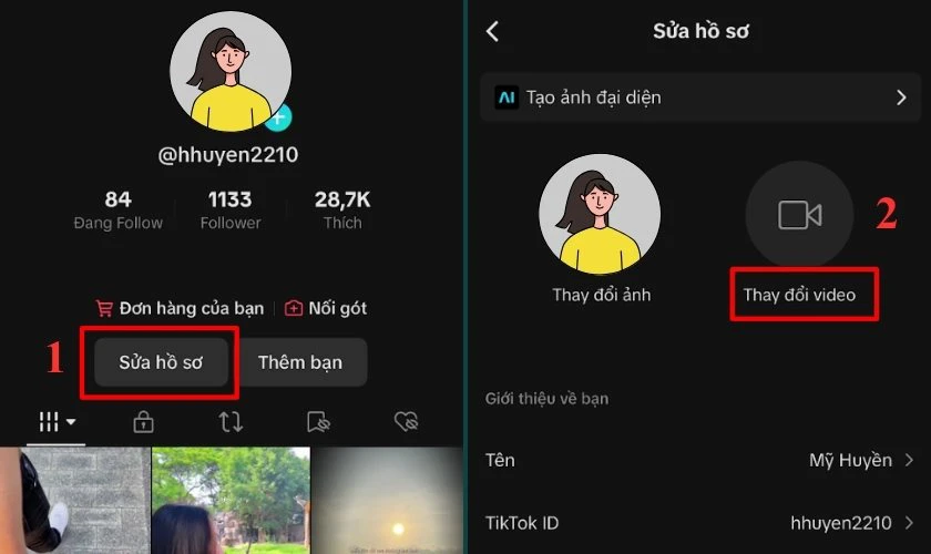 Chọn mục Sửa hồ sơ v&agrave; tiếp tục chọn Thay đổi video
