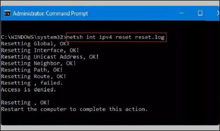 Reset cài đặt lại Winsock và IPv4
