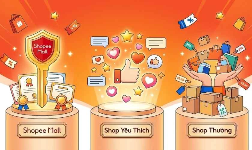 So sánh sự khác biệt giữa Shopee Mall, Shop Yêu thích và Shop thường