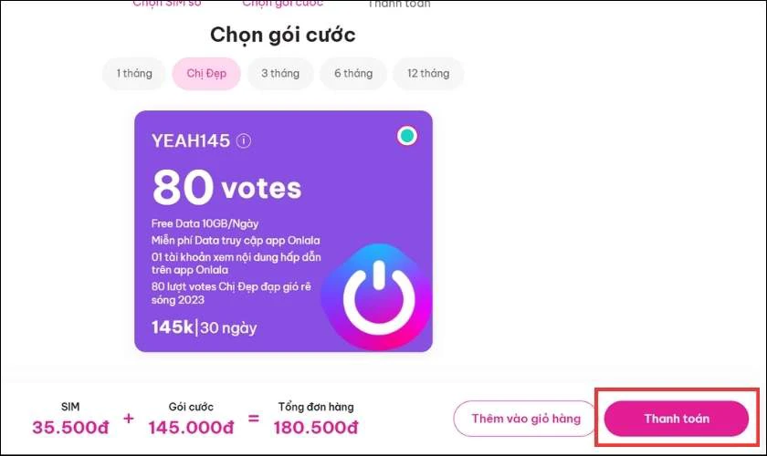 Chọn g&oacute;i cước ph&ugrave; hợp rồi nhấn Thanh to&aacute;n