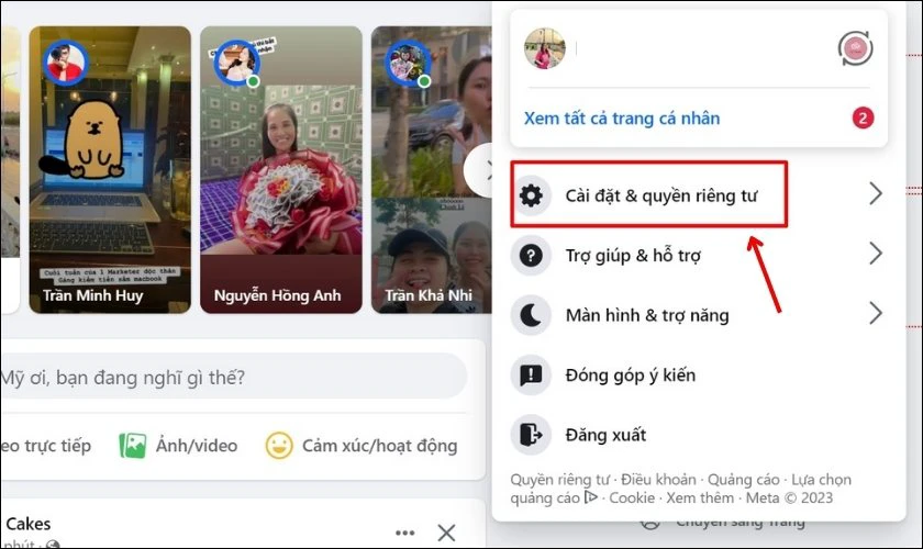 Chọn mục C&agrave;i đặt & quyền ri&ecirc;ng tư