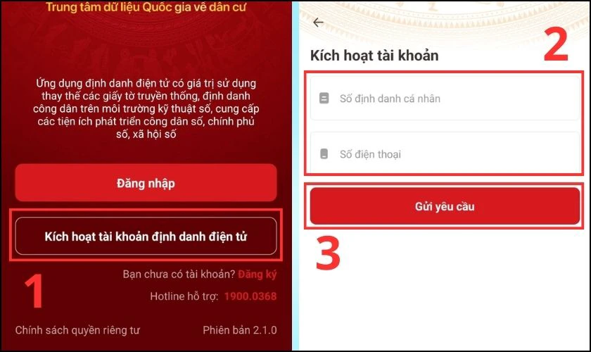 Nhập Số định danh c&aacute; nh&acirc;n v&agrave; Số điện thoại rồi nhấn Gửi y&ecirc;u cầu