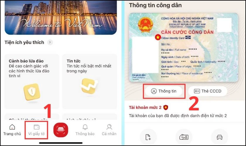 Nhấn v&agrave;o phần Th&ocirc;ng tin tại V&iacute; giấy tờ