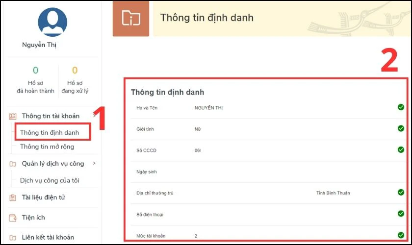 Xem th&ocirc;ng tin c&aacute; nh&acirc;n tại mục Th&ocirc;ng tin định danh