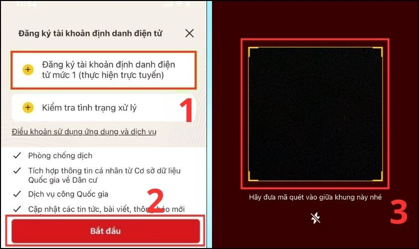 Nhấn Bắt đầu, sau đ&oacute; qu&eacute;t m&atilde; QR tr&ecirc;n CCCD