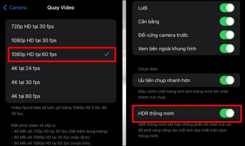 Chọn độ phân giải video tại mức khung hình trên giây mong muốn
