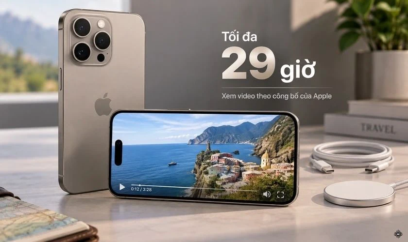 iPhone 15 Pro Max có pin lithium-ion tích hợp, hỗ trợ phát video liên tục lên đến 29 giờ