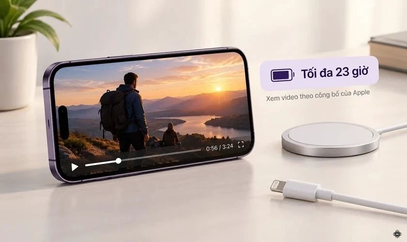 iPhone 14 Pro có dung lượng pin khoảng 3.200 mAh, thời lượng xem video tối đa 23 giờ