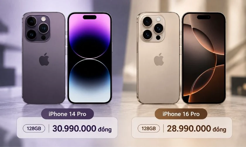 Về giá: iPhone 16 Pro giá thấp hơn, 14 Pro cũ tiết kiệm hơn
