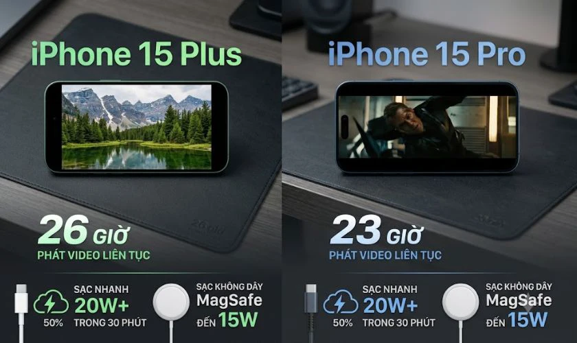 So sánh iPhone 15 Plus và 15 Pro về pin sạc