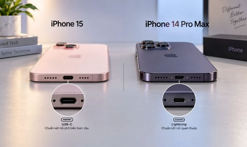 iPhone 15 dùng USB-C, còn iPhone 14 Pro Max vẫn sử dụng Lightning