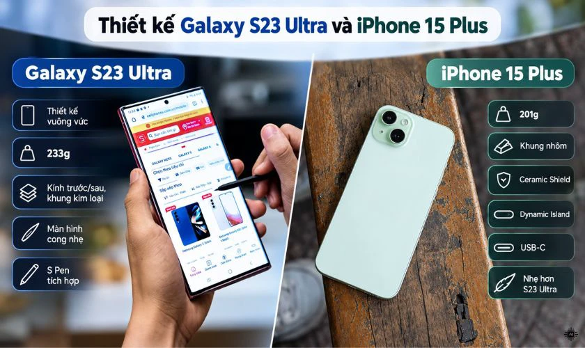 So sánh S23 Ultra và iPhone 15 Plus về thiết kế