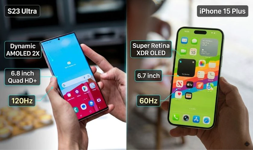 So sánh S23 Ultra và iPhone 15 Plus về màn hình
