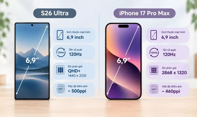 Về màn hình: S26 Ultra sắc nét hơn, 17 Pro Max sáng hơn