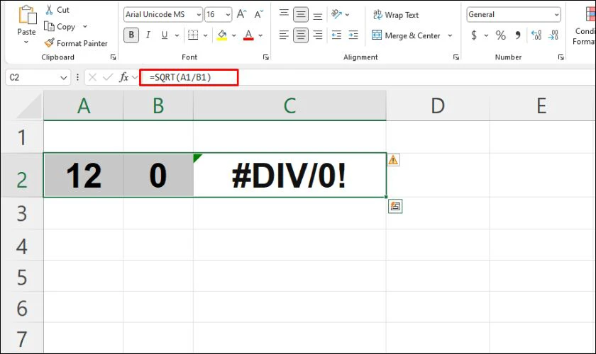 Lỗi #DIV/0! xảy ra khi kết quả ph&eacute;p t&iacute;nh kh&ocirc;ng thực hiện được