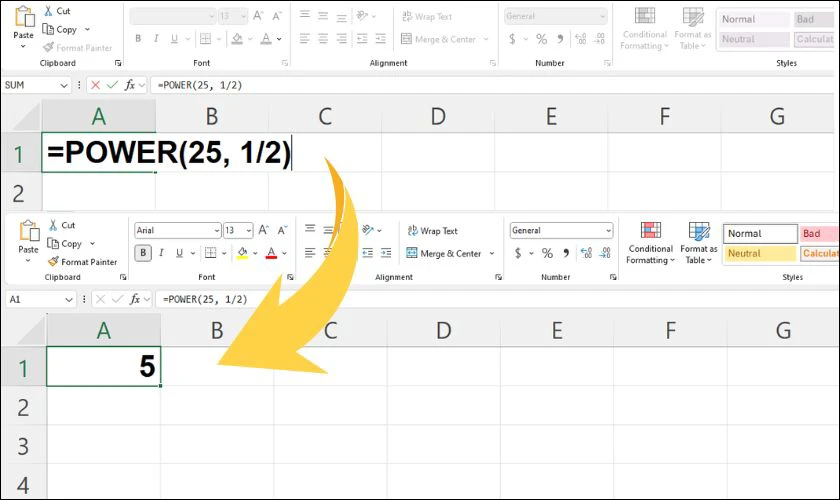 C&aacute;ch sử dụng h&agrave;m POWER để t&iacute;nh căn bậc 2 trong Excel