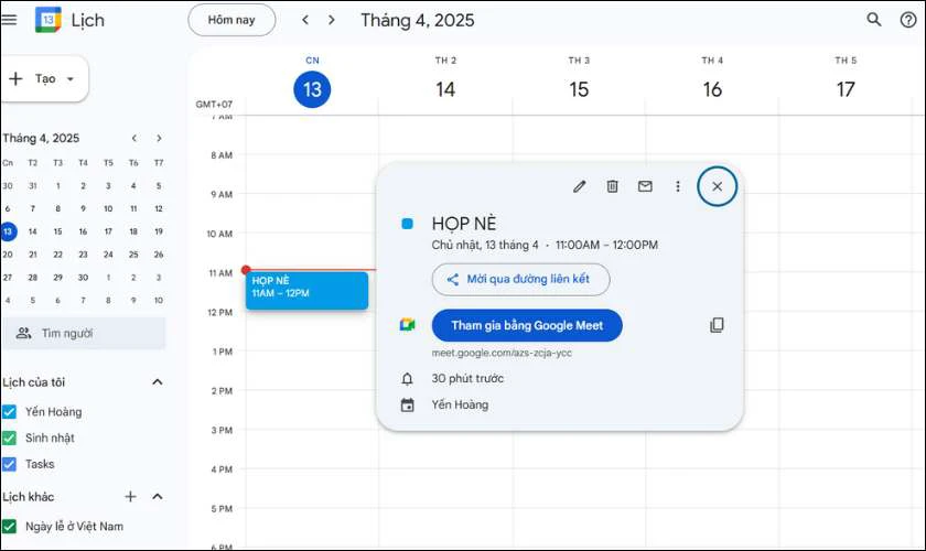 lịch lớp học, họp online sẽ được hiển thị tr&ecirc;n Lịch Google