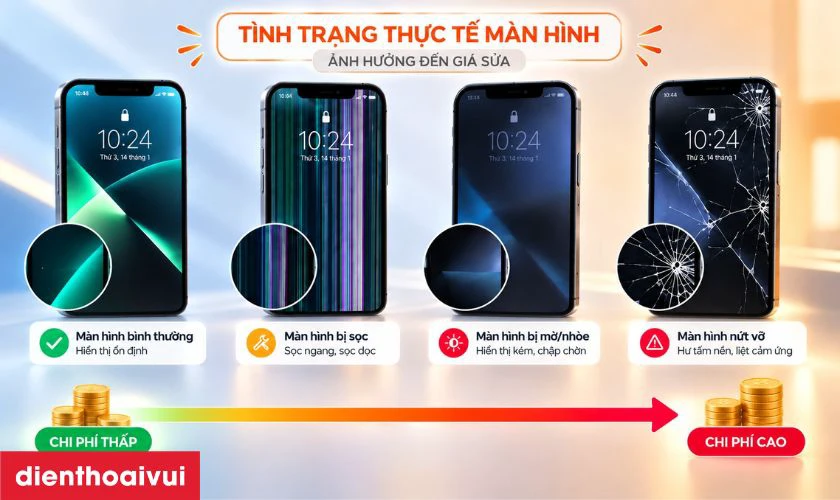 Gi&aacute; sửa hiển thị m&agrave;n h&igrave;nh iPhone 13 Pro phụ thuộc t&igrave;nh trạng thực tế của m&aacute;y