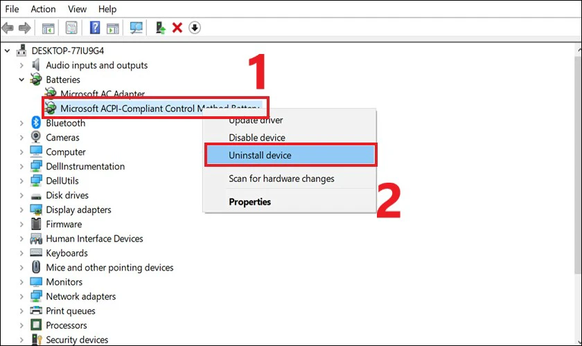 V&agrave;o Microsoft ACPI-Compliant Control Method Battery v&agrave; chọn Uninstall Device
