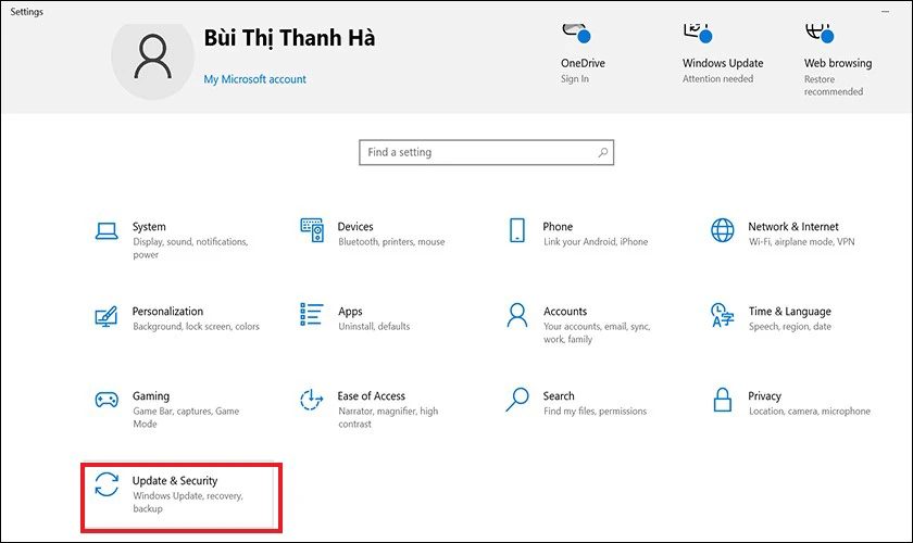 Mở v&agrave;o giao diện Settings v&agrave; chọn Update & Security