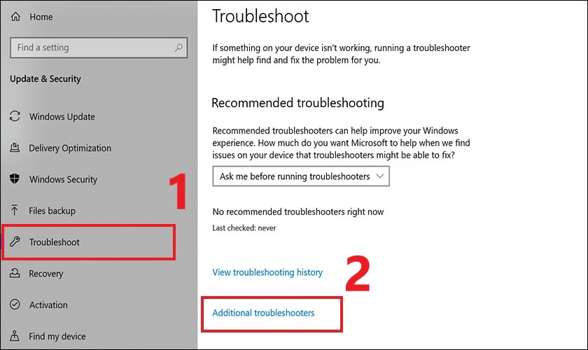 Chọn Troubleshoot từ menu b&ecirc;n tr&aacute;i rồi chọn Additional troubleshooters