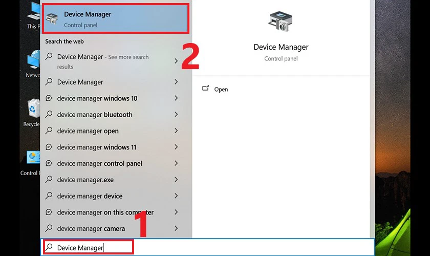 Tại Start g&otilde; v&agrave;o chọn v&agrave;o Device Manager