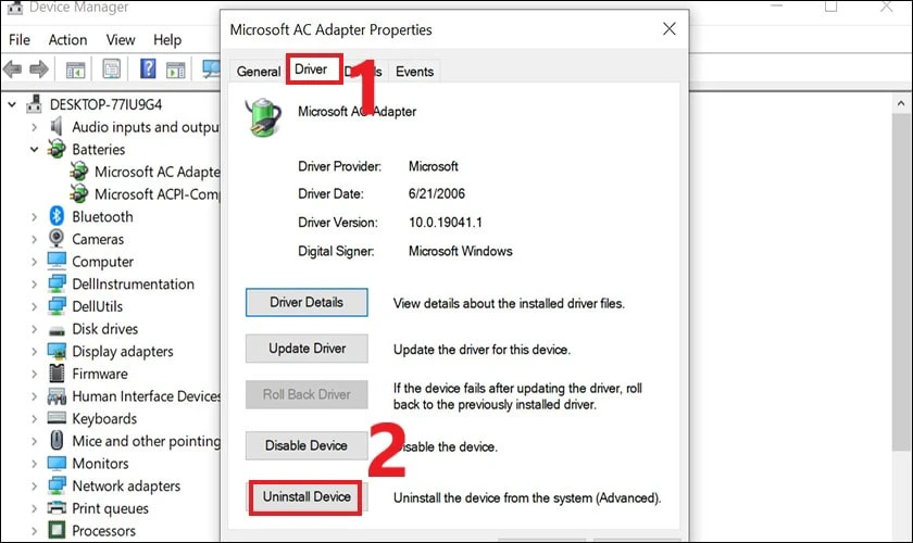 Chọn tiếp v&agrave;o Uninstall Device để x&oacute;a tr&igrave;nh điều khiển hiện tại
