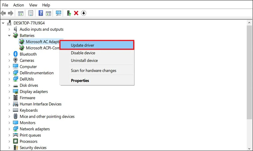 Chọn lại Microsoft AC Adapter ở Batteries rồi chọn Update Driver