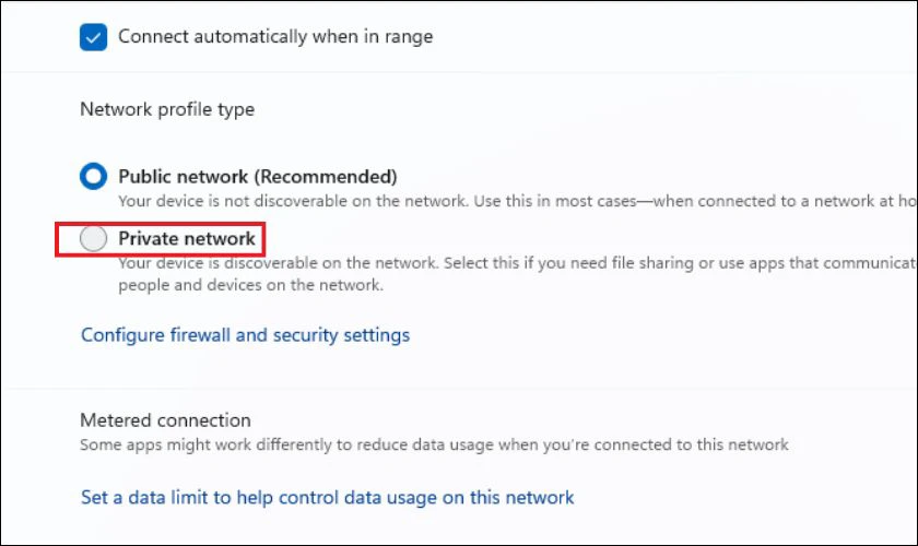 Ở mục Network Profile, tích chọn vào Private network để thực hiện chuyển đổi ngay