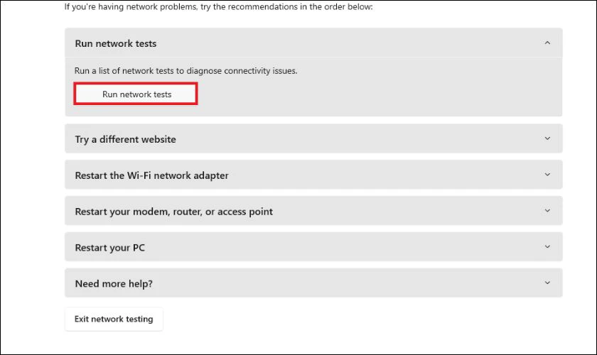 Nhấn chọn Run network tests