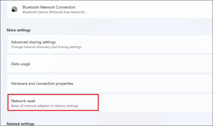 Nhấp vào Network Reset