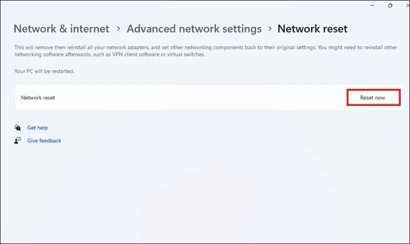 Nhấn Reset Now để bắt đầu quá trình