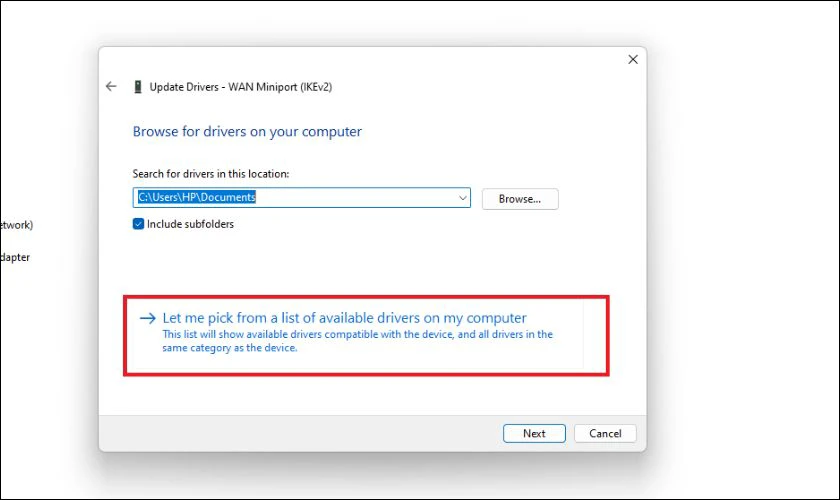 Click chọn Let me pick from a list of available drivers on my computer