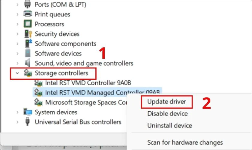 Nhấn chuột v&agrave;o driver ổ SSD v&agrave; chọn Update driver