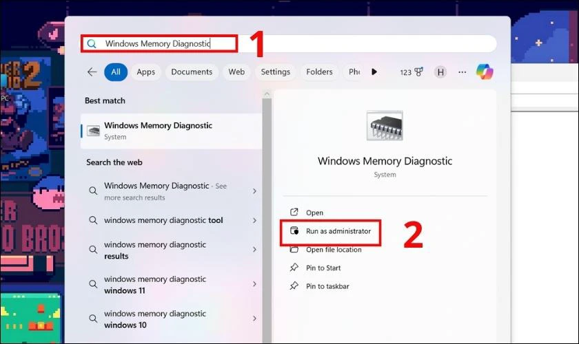 V&agrave;o Windows Memory Diagnostic v&agrave; chọn Run as administrator