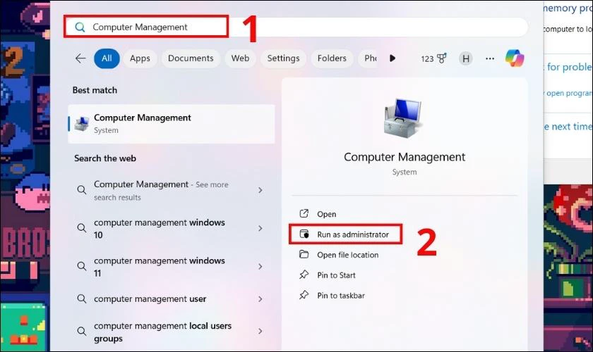 V&agrave;o Computer Management sau đ&oacute; chọn Run as administrator