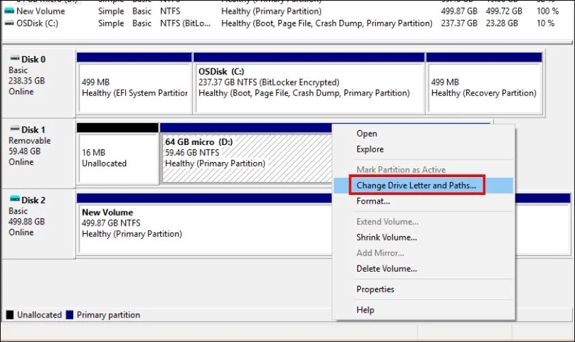 Nhấp chuột phải v&agrave;o ổ SSD v&agrave; chọn Change Drive Letter and Paths
