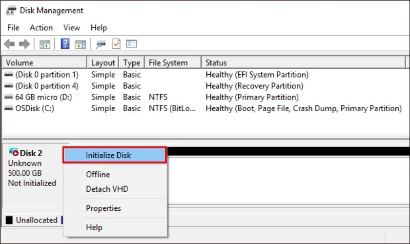 Nhấp chuột phải v&agrave;o ổ SSD v&agrave; chọn Initialize Disk