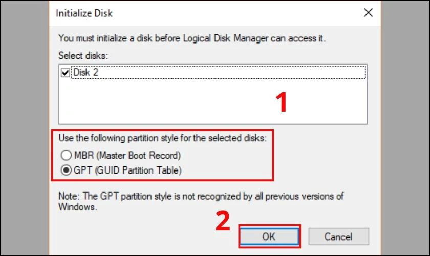 Chọn ổ SSD v&agrave; chọn kiểu ph&acirc;n v&ugrave;ng rồi nhấn OK