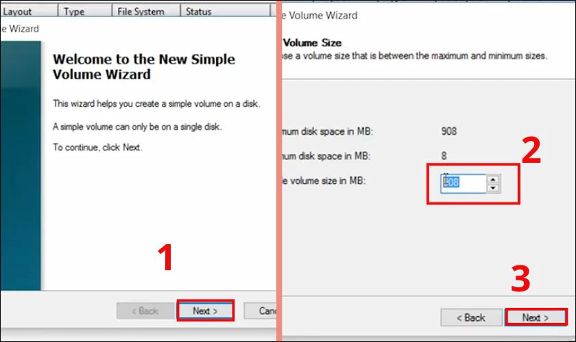 Chọn k&iacute;ch thước Simple volume size in MB th&iacute;ch hợp rồi nhấn Next