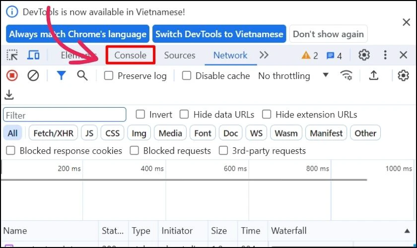 Sau khi xuất hiện giao diện của DevTools chọn v&agrave;o Console