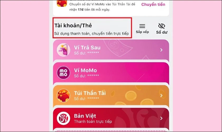 Chọn mục T&agrave;i khoản/Thẻ v&agrave; nhấn chọn ng&acirc;n h&agrave;ng