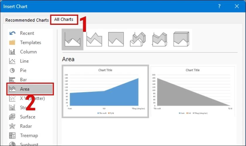 Chọn v&agrave;o mục All Charts v&agrave; chọn Area