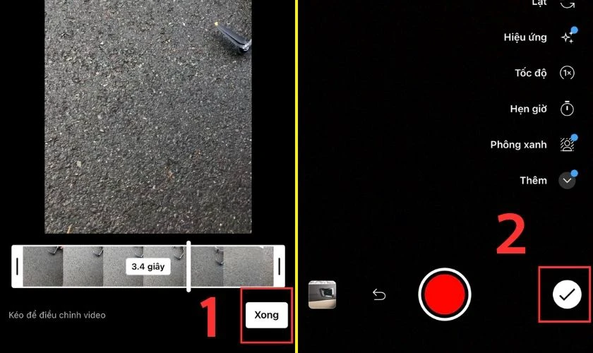 điều chỉnh video, nhấn chọn Xong v&agrave; nhấn v&agrave;o biểu tượng dấu t&iacute;ch