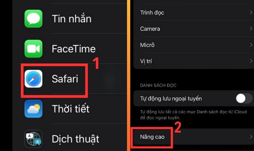 Chọn mục Safari và nhấn vào Nâng sao
