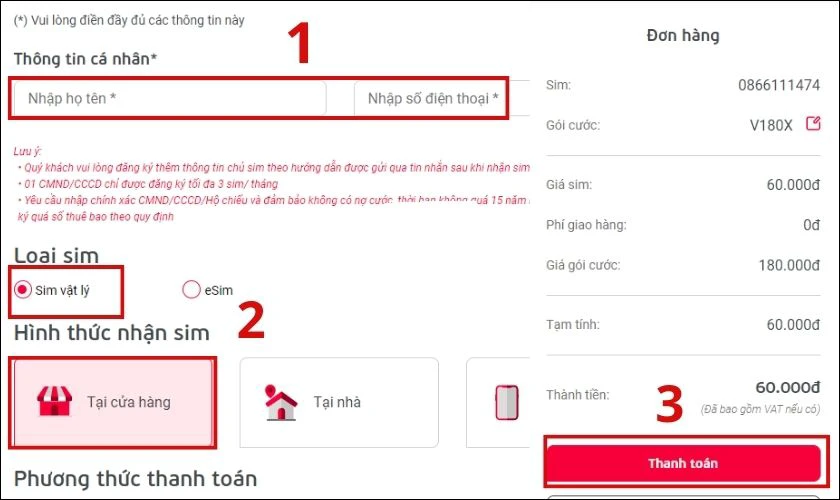 Chọn loại sim l&agrave; Sim vật l&yacute; v&agrave; nhấn Thanh to&aacute;n