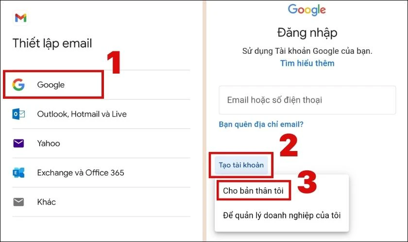 Nhấn v&agrave;o Google, chọn Tạo t&agrave;i khoản v&agrave; nhấn chọn Cho bản th&acirc;n t&ocirc;i