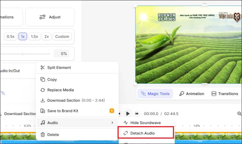 Sau khi video tải l&ecirc;n th&agrave;nh c&ocirc;ng, bạn nhấn chuột phải v&agrave;o video rồi chọn Detach Audio