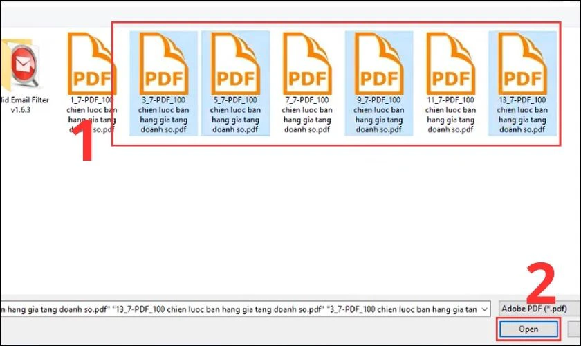 V&agrave;o thư mục lưu trữ c&aacute;c file PDF cần gh&eacute;p, bấm chọn c&aacute;c file